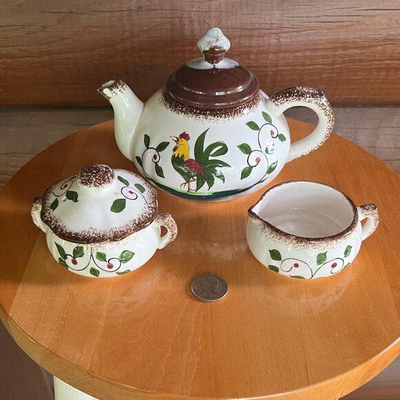 RARE Vtg Mid-Century Rooster Napco Japanese Teapot, Sugar Bowl, Creamer Set - Picture 1 of 6